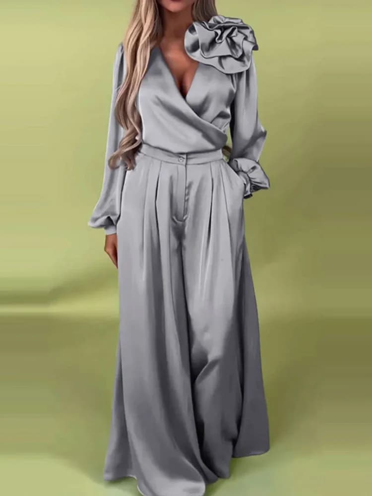 Ensemble deux pièces assorti pour femmes, décontracté, col en V, couleur unie, manches longues, jamb