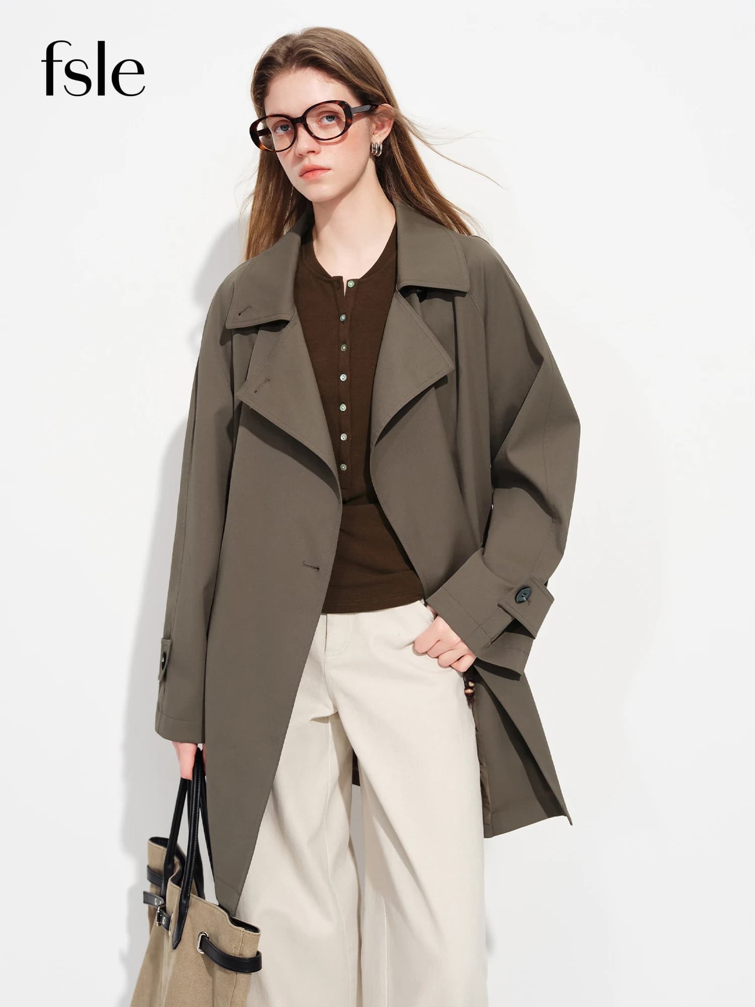 Manteau Trench Mi-Long Décontracté Kaki pour Femme FSLE Printemps 2026 - Style Britannique Double Bo