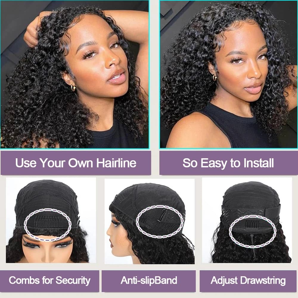 Perruque demi-tête à enfiler, sans colle, avec cordon de serrage, cheveux humains bouclés, perruques