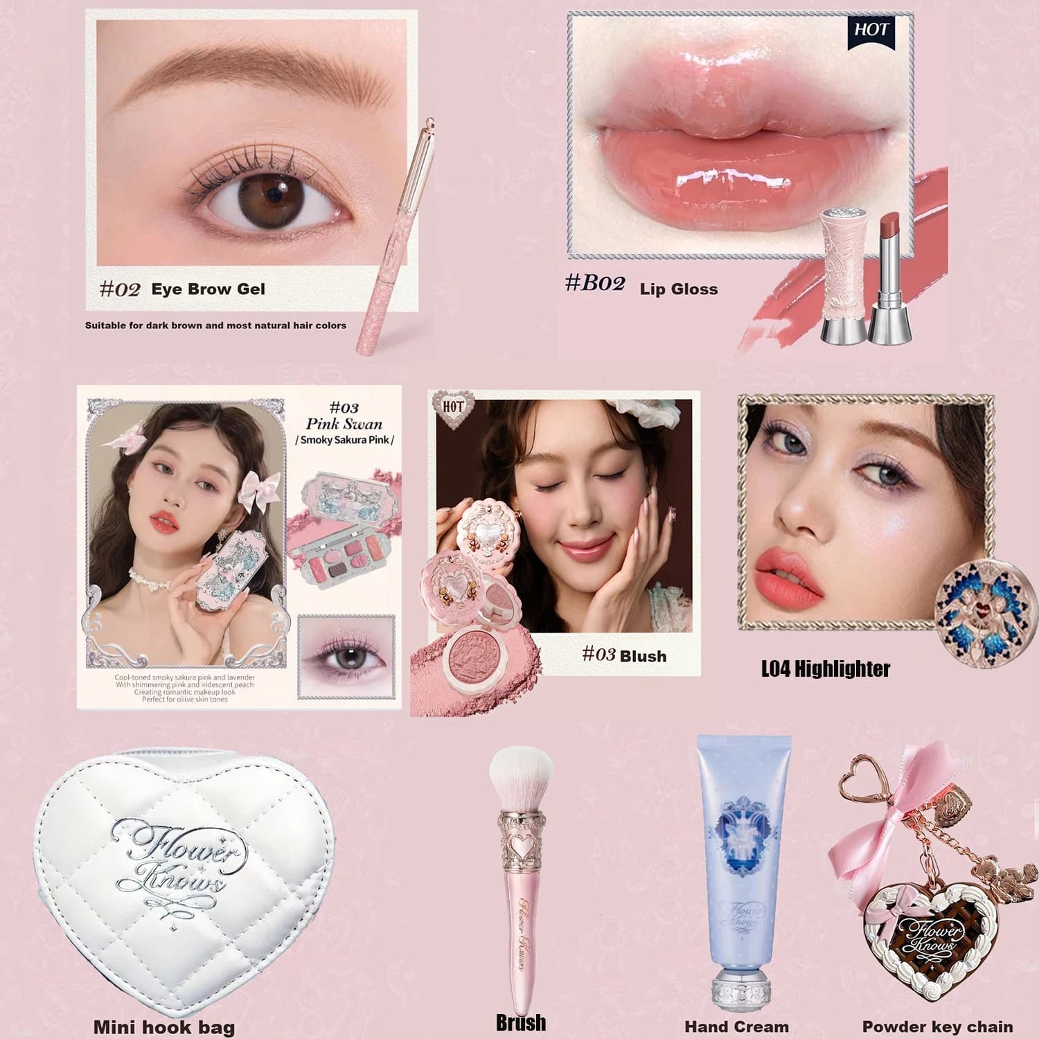 Kit de Maquillage Flower Knows : Poudre Décorante Effet Coquille de Perle Lapin, Gloss à Lèvres, Far