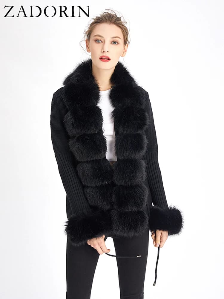 ZADORIN luxe fourrure Cardigan tricot hiver pull femmes élégant détachable fourrure ceinture blanc r