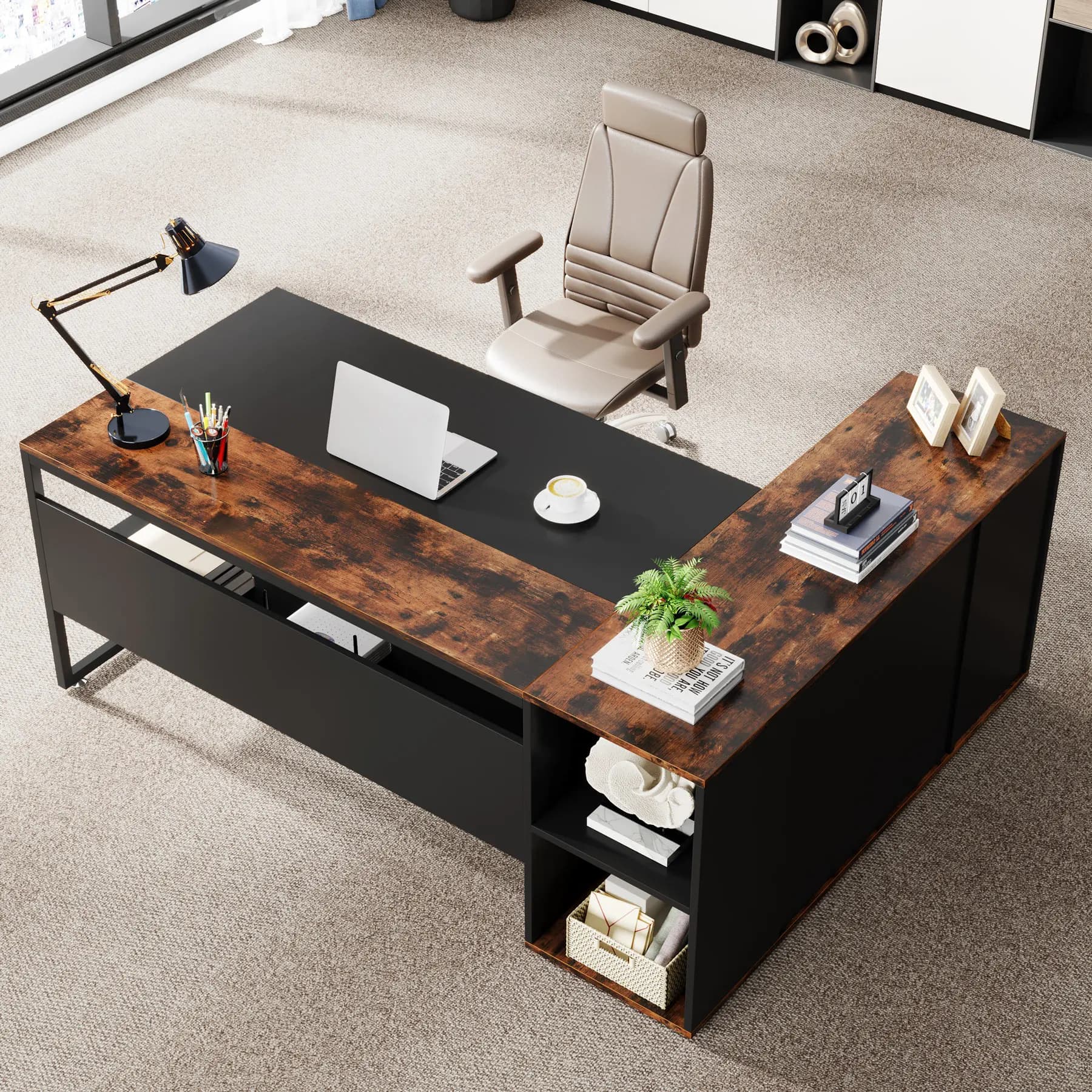 Tribesigns-Bureau de direction avec étagères, bureau en forme de L, rangement pour armoire, 71 po