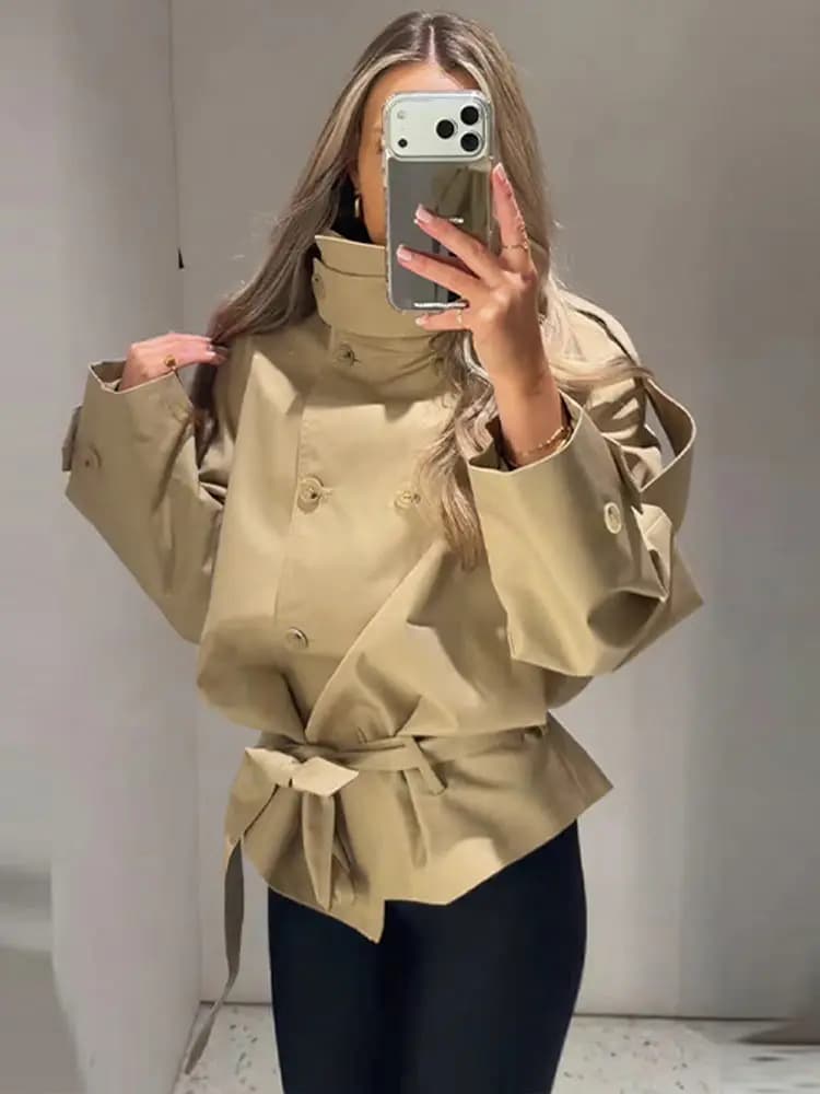 Élégant Trench-coat Femme à Col Montant, Double Boutonnage, Lacets, Manches Longues, Coupe-Vent, Nou