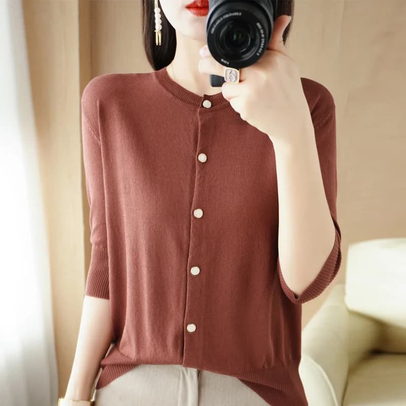 Pull Cool en Rayonne à Col Rond pour Femme, Cardigan Trois Quarts Décontracté, à la Mode, avec des D
