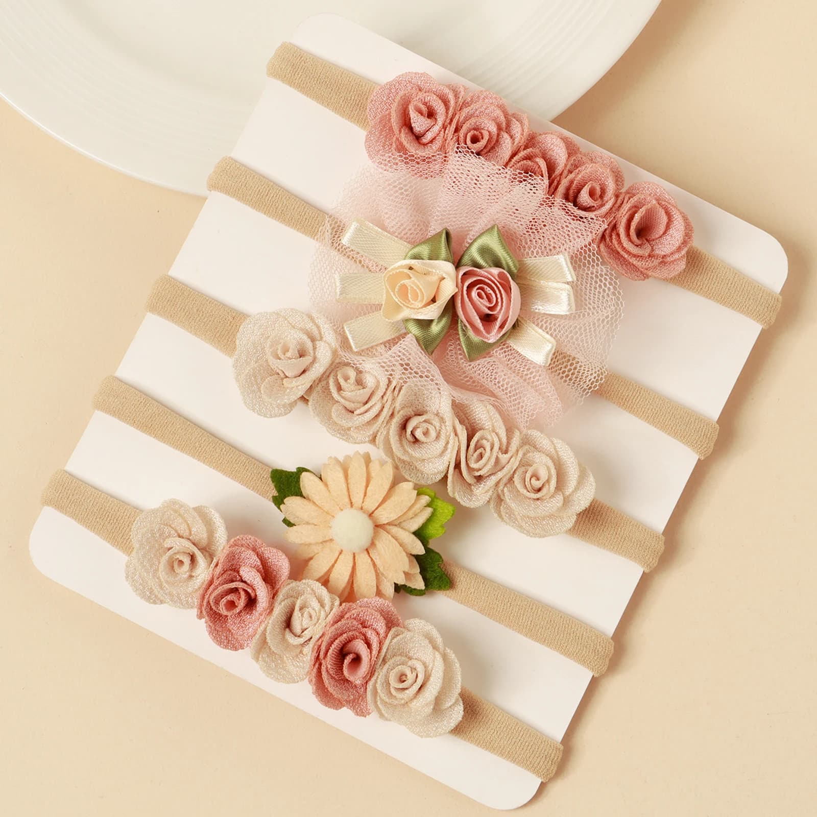 5 pièces rose dentelle Simulation fleurs cheveux accessoires pour nouveau-né fille épissage bandeau 
