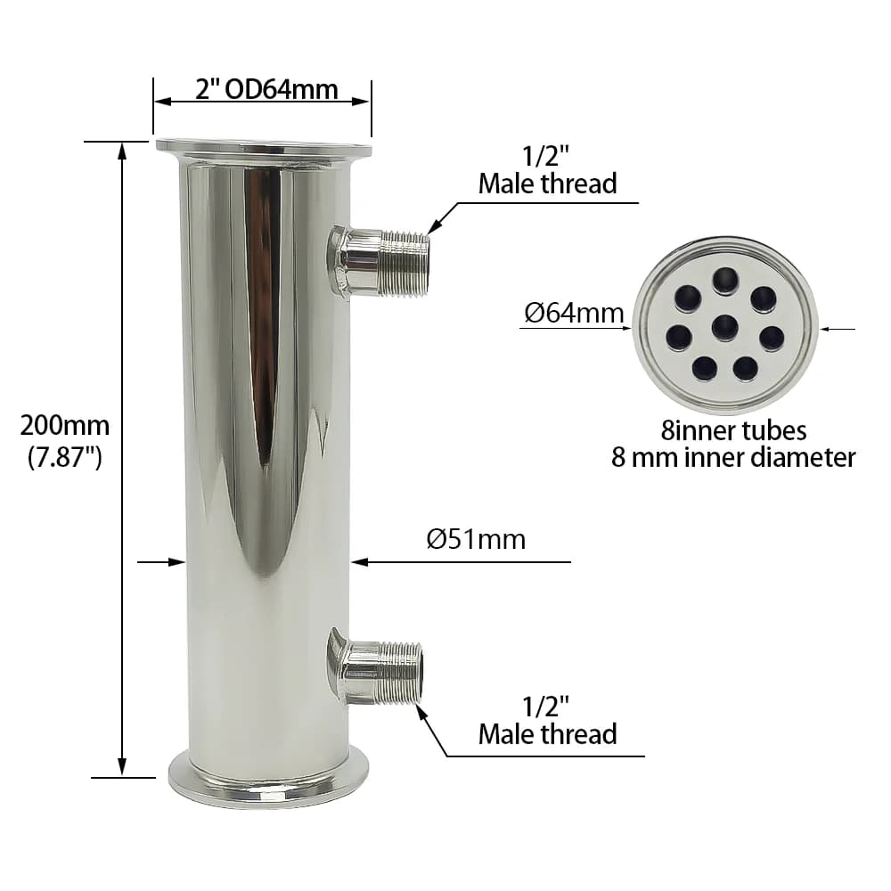 Dephlegmator 2 "51mm(OD64mm) 304 condensateur de Reflux en acier inoxydable hauteur 200mm à l'intéri