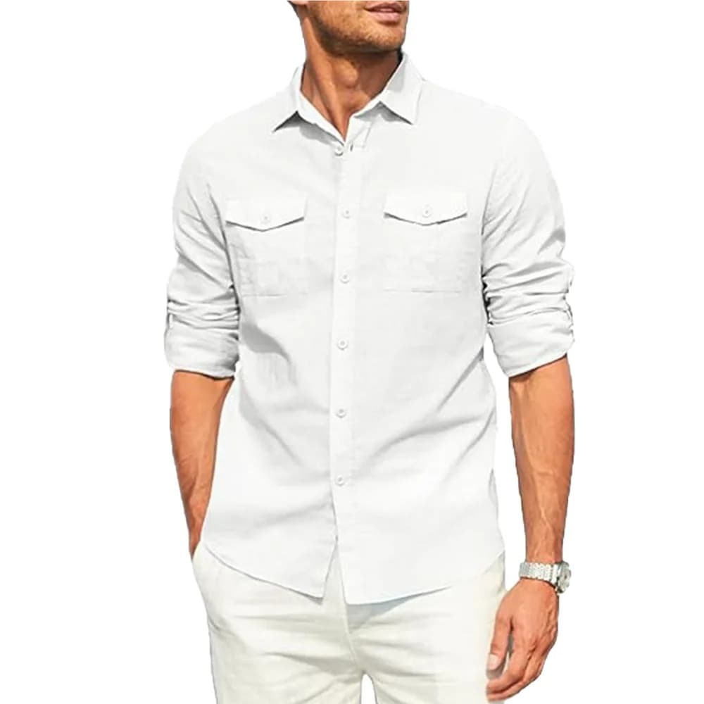 Chemise pour hommes Double poche coton lin chemise à manches longues décontracté chemise de vacances