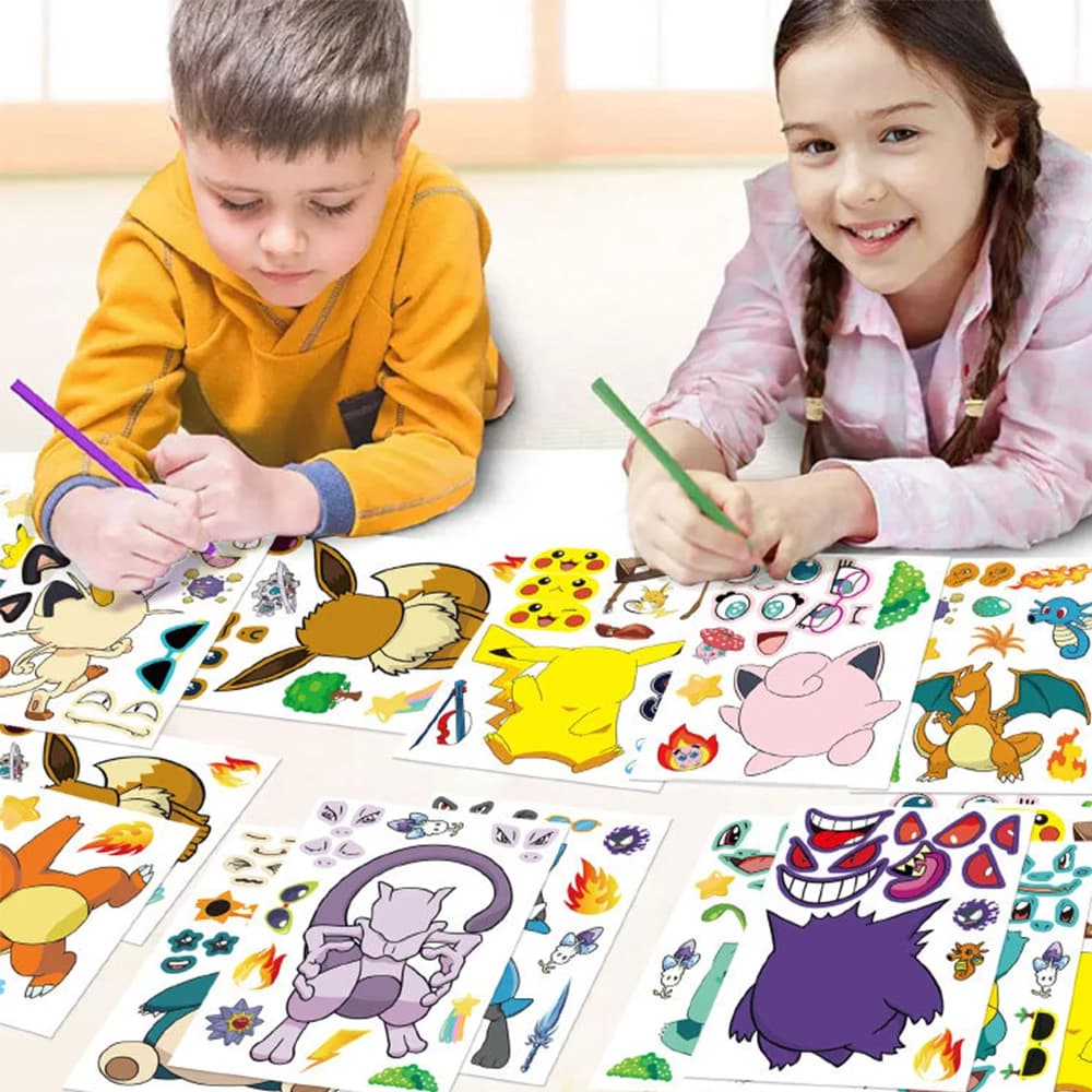 6/12 feuilles mignon Pokemon Puzzle Anime autocollants bricolage faire un visage assembler drôle des
