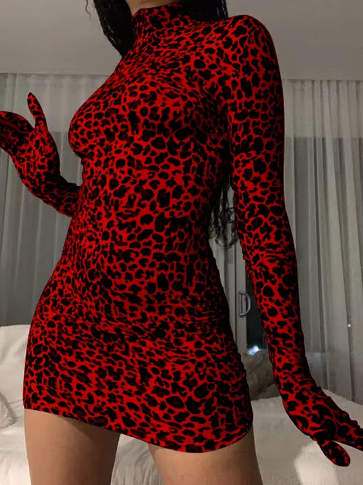 OMSJ robe de noël femmes 2025 automne à manches longues imprimé léopard maigre Mini robe avec gant m