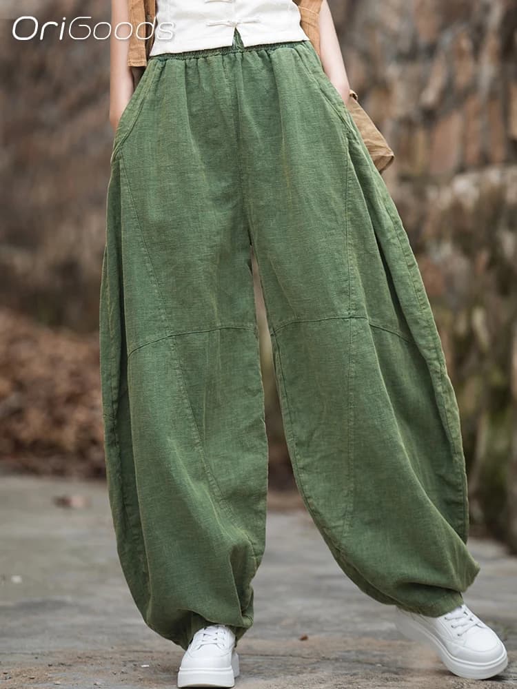 OriGoods Vintage surdimensionné pantalon femme Ramie coton nouveauté Original coupe ample pantalon Z