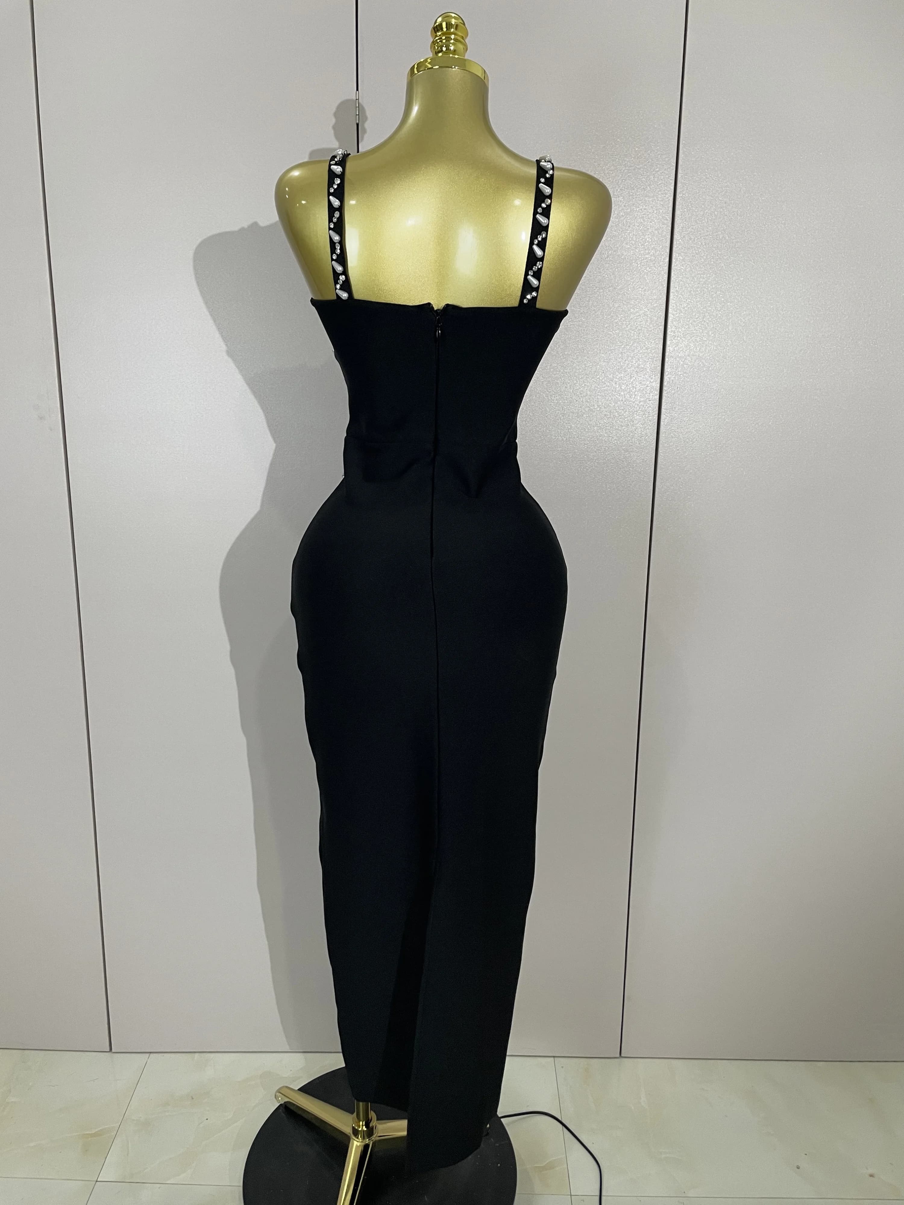 2025 Nouveau Sexy Dos Nu Noir Perles Longue Moulante Bandage Robe Femmes Célébrité Élégant Soirée Cl