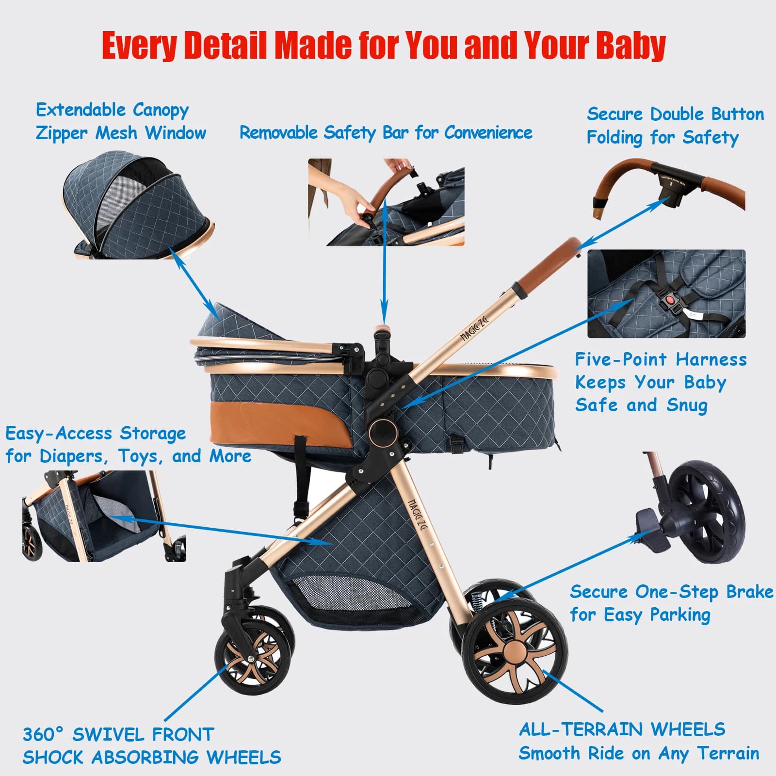 Système de voyage de poussette de bébé 3 en 1 de luxe avec siège auto landau de bébé poussette infan
