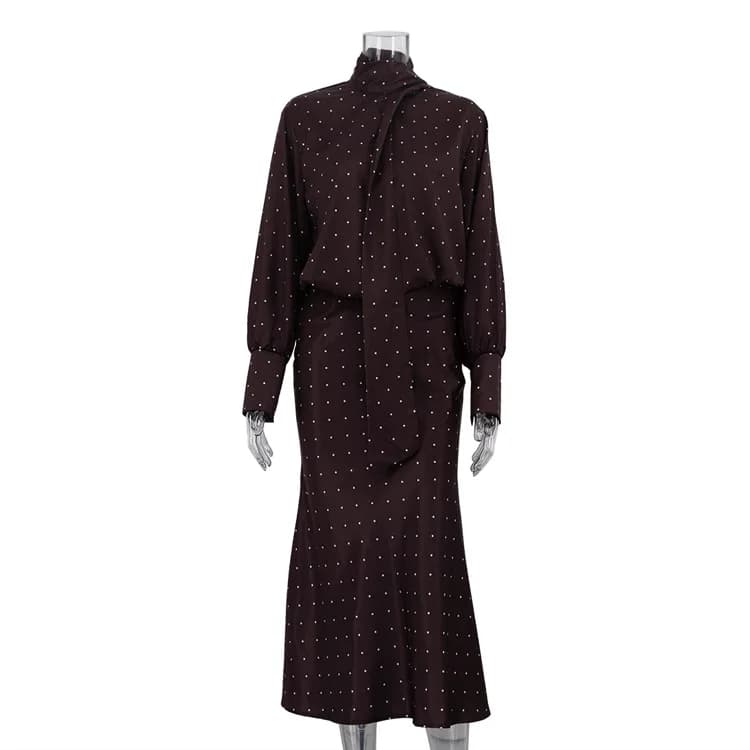 Ensemble jupe deux pièces en Satin imprimé à pois, chemise à manches longues à lacets + jupe mi-long