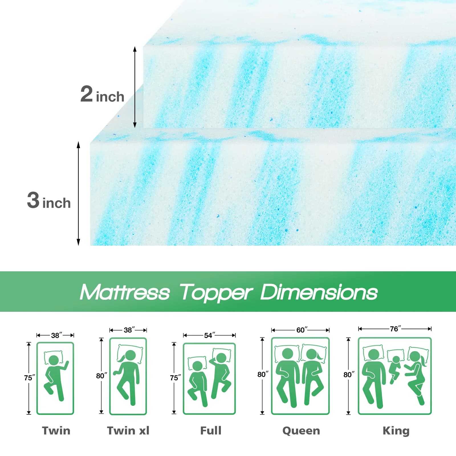 JHK 2-3 pouces Gel mousse à mémoire de forme surmatelas pleine taille matelas de refroidissement dou