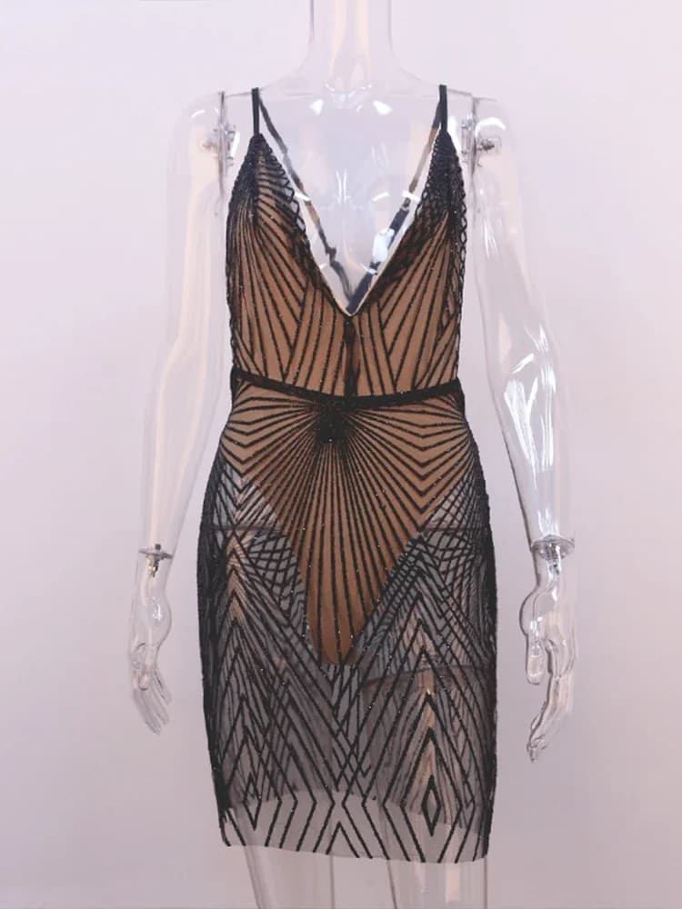 OMSJ – Mini robe Sexy à paillettes scintillantes, dos nu, épaules dénudées, transparente, bretelles 