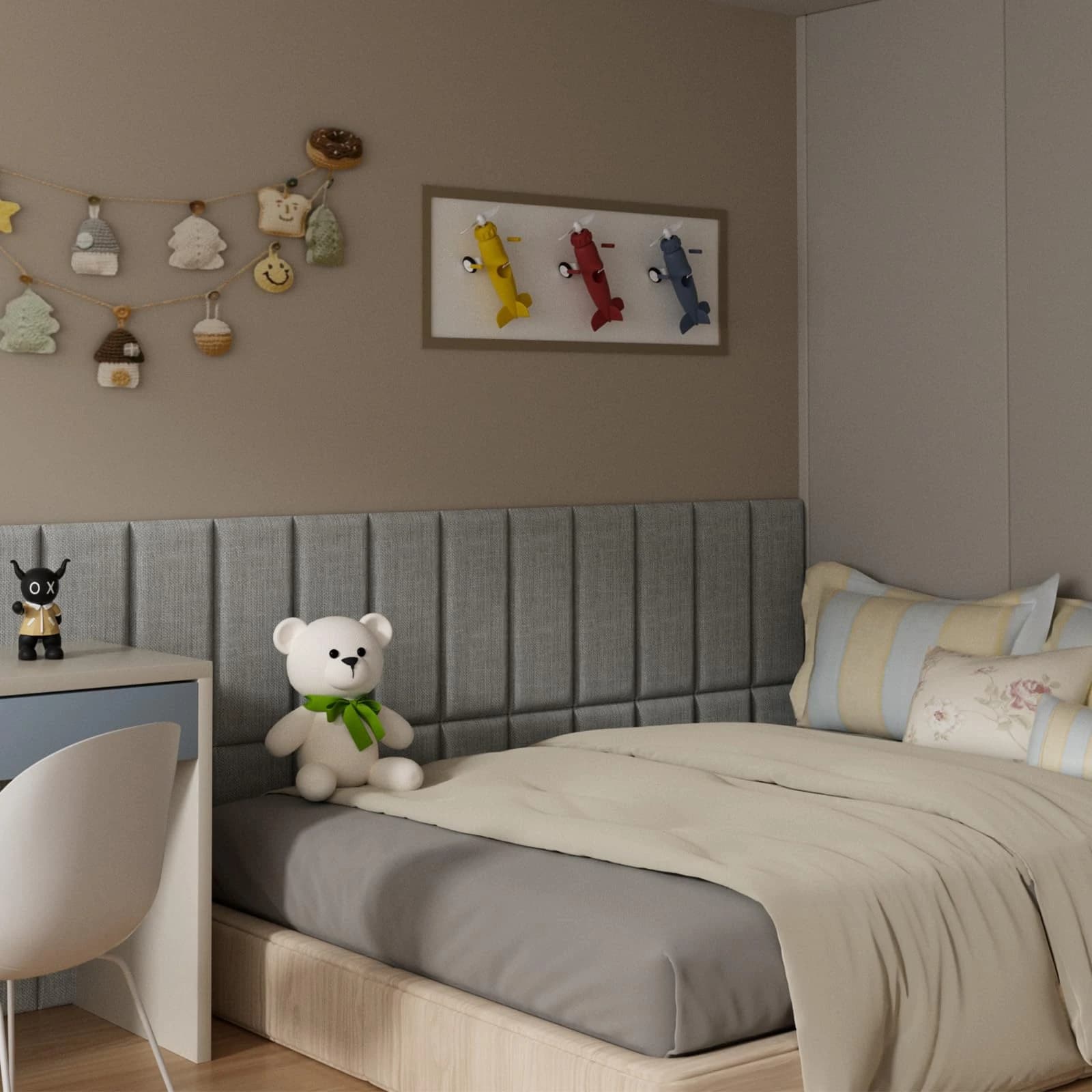 1. Tête de lit murale gris clair pour lit simple, panneaux de rembourrage mural en tissu éponge auto