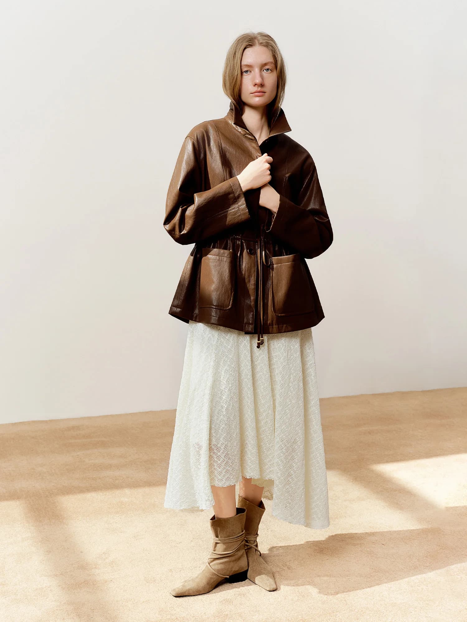 Veste en cuir oversize à taille élastiquée pour femme DUSHU 2026 - Coupe flatteuse, style moto, vest