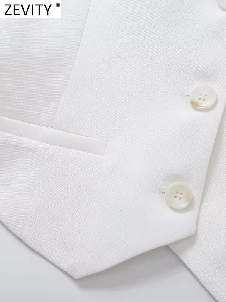 Zevity femmes mode simple boutonnage fleur conception blanc licou gilet veste bureau dames sans manc