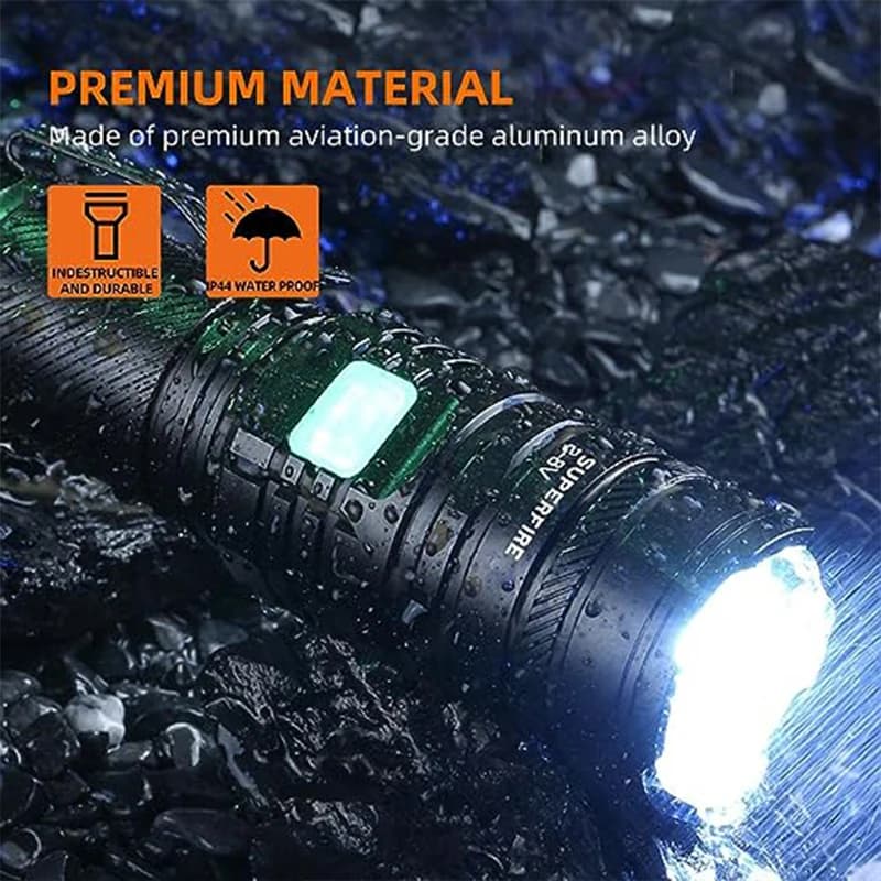 Lampe torche LED étanche haute puissance SUPERFIRE 36W avec pile 26650, indicateur puissant, USB-C, 