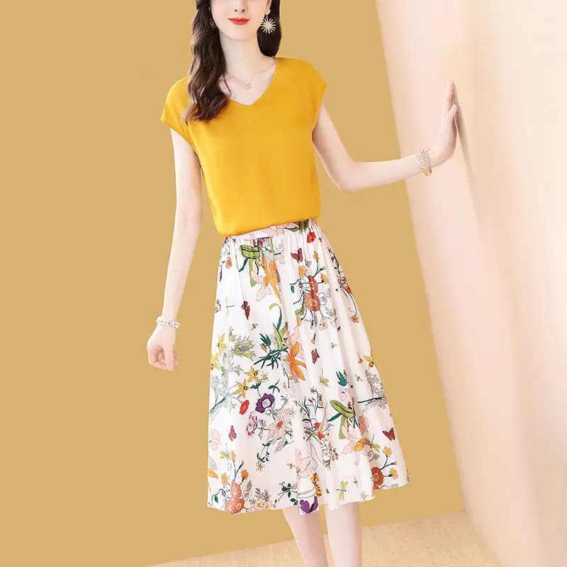 Ensemble 2 pièces élégant rétro pour femme, t-shirt et jupe florale trapèze, vêtements de bureau pou