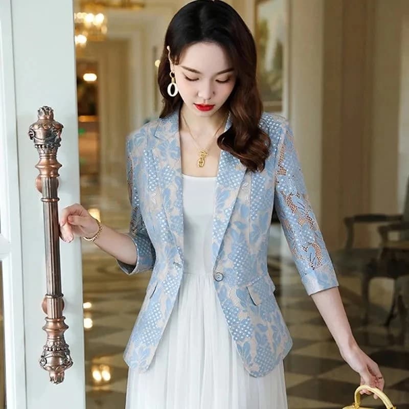 Blazer en dentelle mince pour femme, petite veste trempée, blazer évidé mince pour femme, bouton uni
