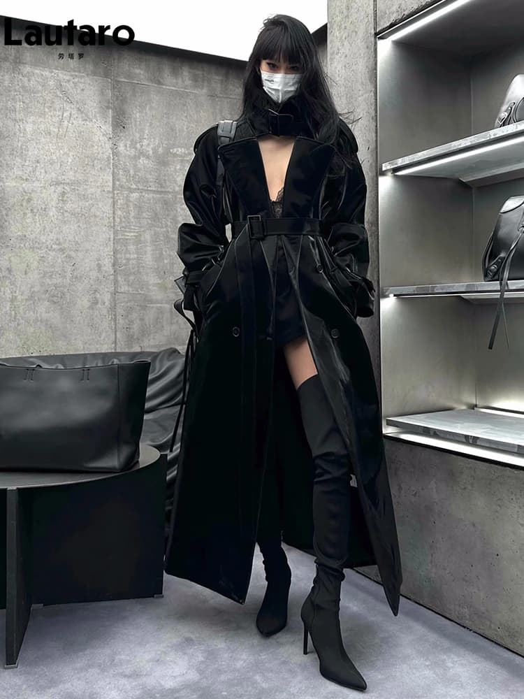 Lautaro printemps automne Extra Long surdimensionné Cool réfléchissant brillant noir en cuir verni T