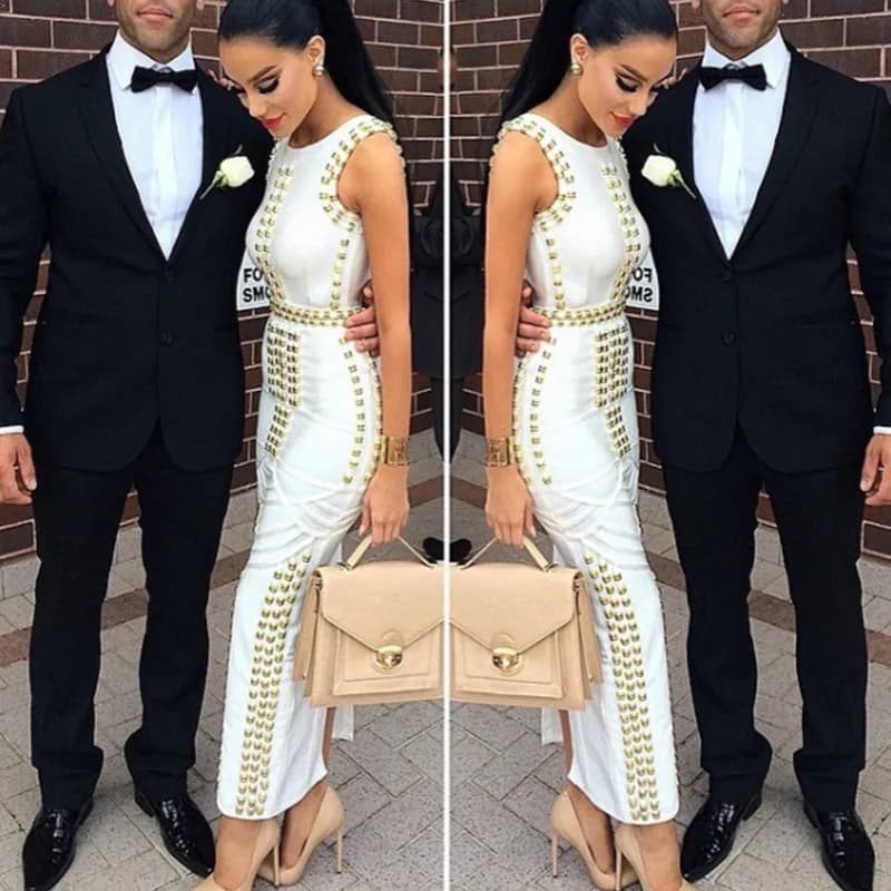 Style classique femmes sans manches col rond Sexy moulante pansement longue robe célébrité mode tapi