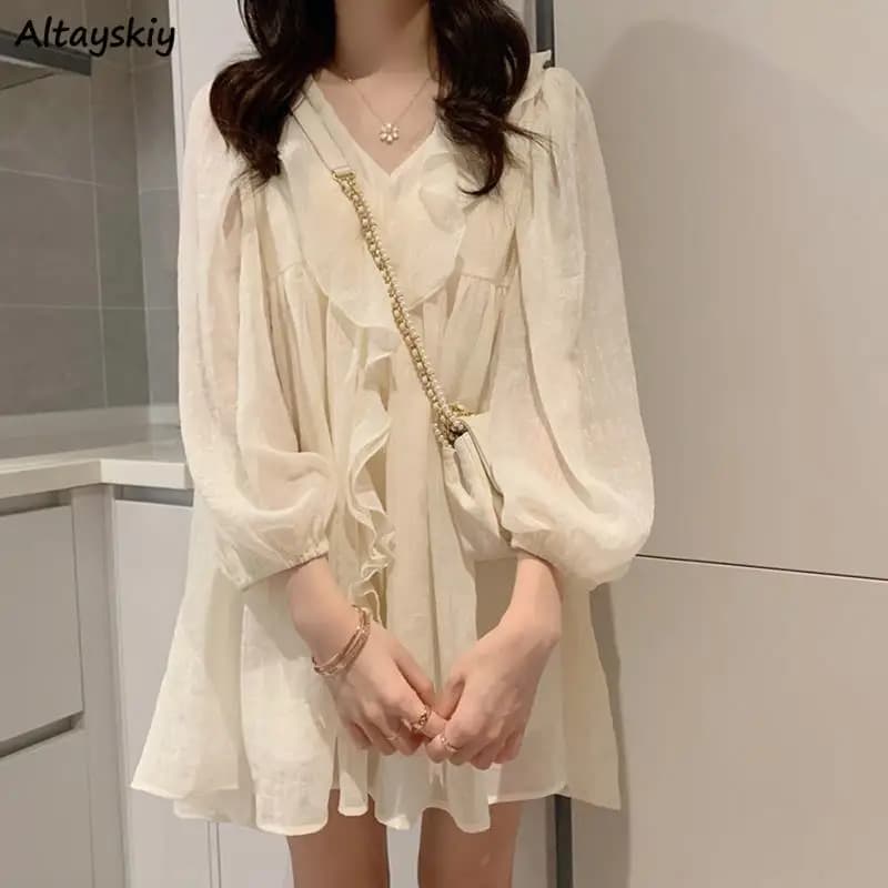 Robe de princesse élégante à manches longues pour femmes, col en V à volants, design de base, mini, 