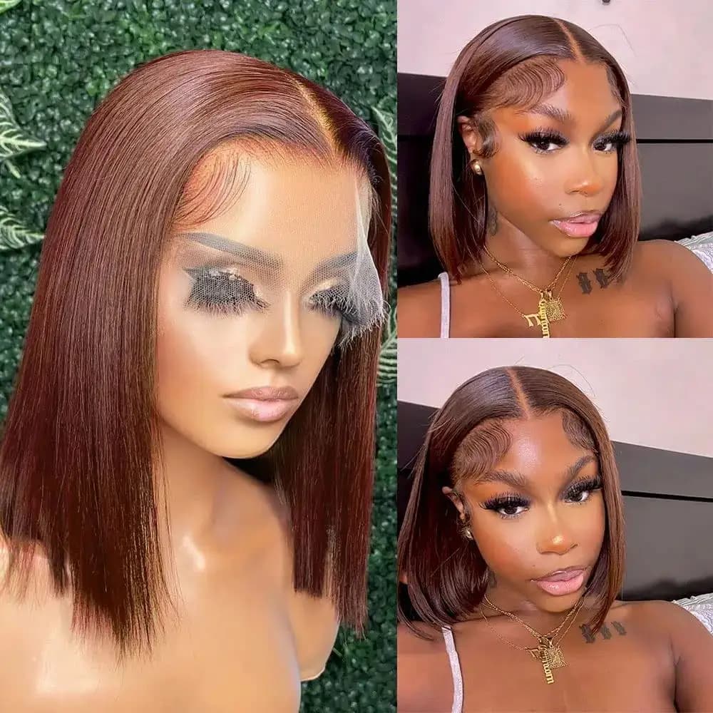 Perruque Lace Front 13x4 Bob Cheveux Humains Bruns Lisses Densité 180% Perruques Frontales en Dentel
