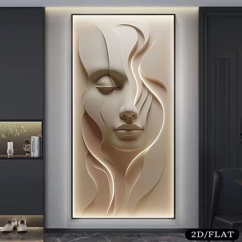 2D plat, 1 pièce grande peinture sur toile de visage abstrait moderne sans cadre-illusion 3D texturé