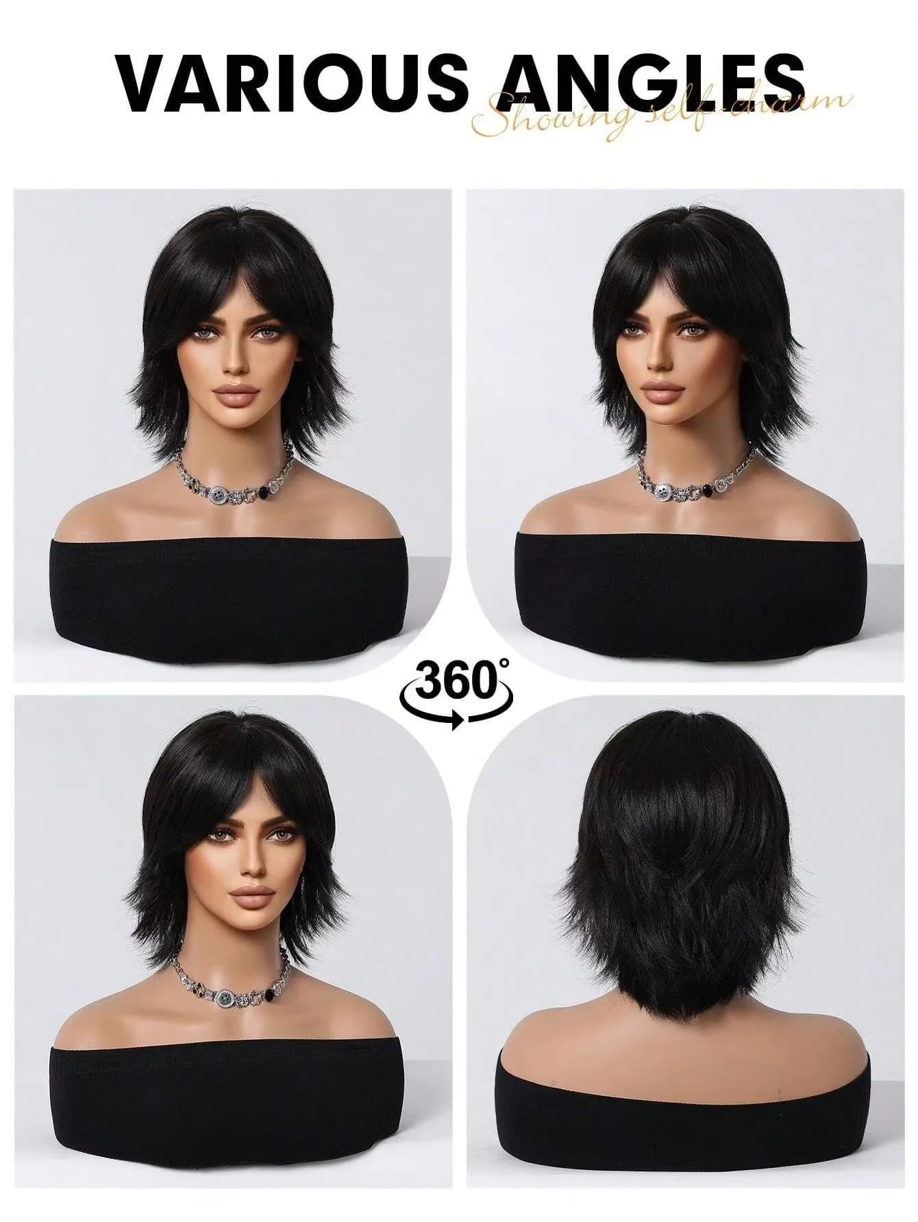 Perruque courte tête de saumon de 12 pouces avec frange, perruque synthétique noire courte et droite