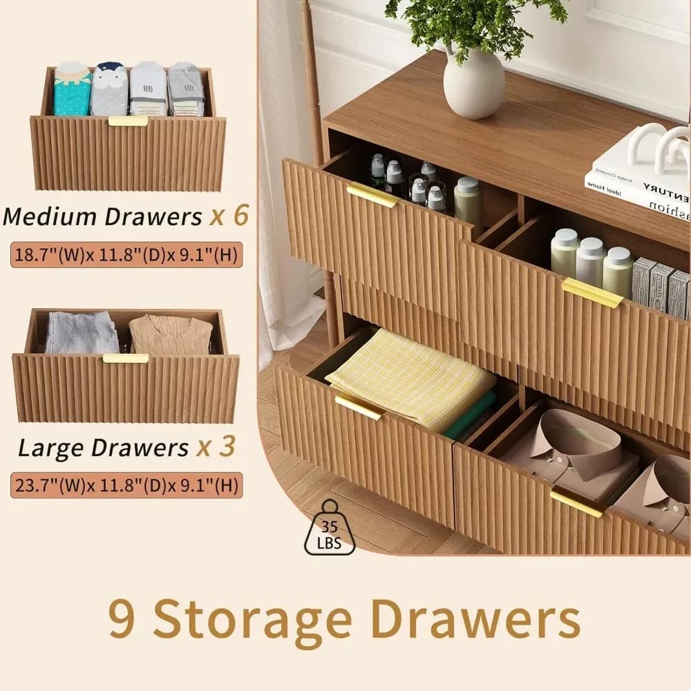 Commode à 9 tiroirs pour chambre à coucher avec tiroirs profonds, commode en bois de 63 pouces de la