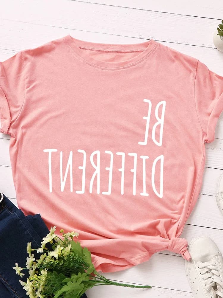 T-shirt manches courtes col rond femme, décontracté, avec lettres imprimées à l'envers, Be Different