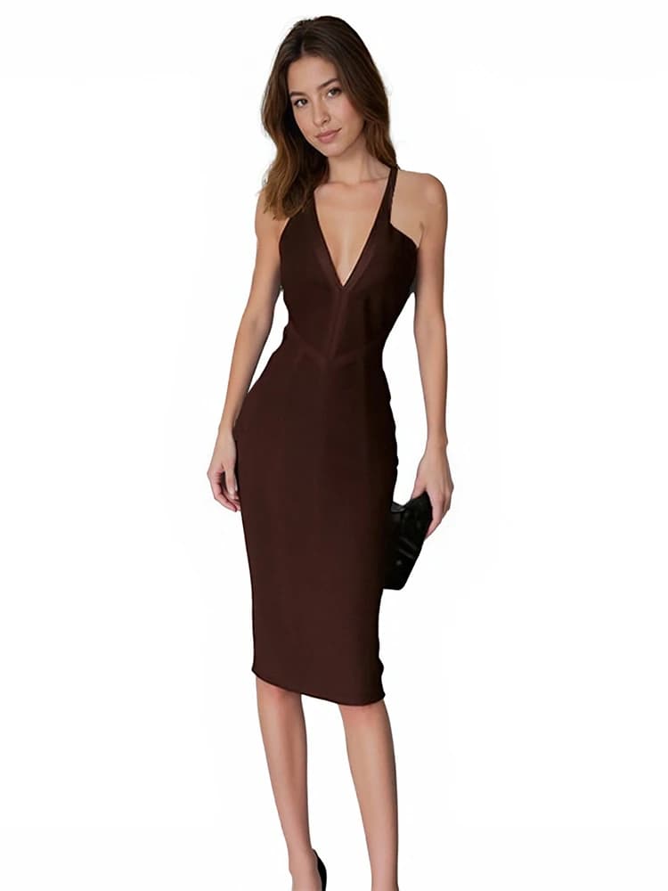Robe moulante mi-longue à col en V profond et dos nu, style bandage, sexy et tendance, pour femme, i