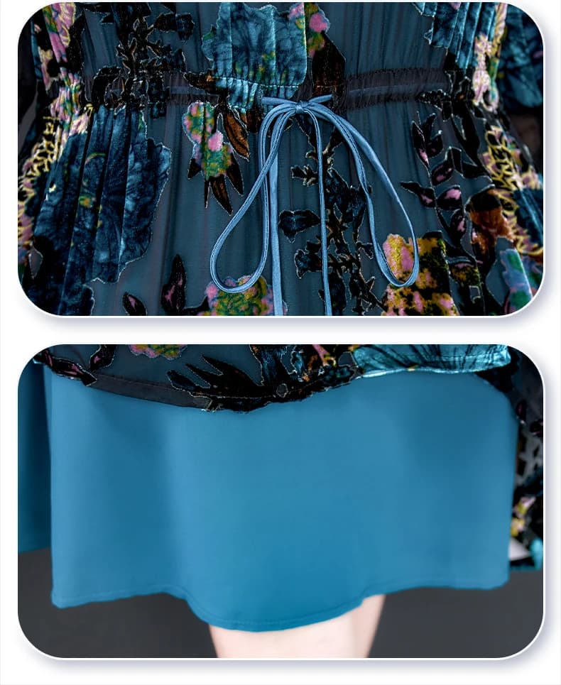 InjVelvet-Robe à manches longues à imprimé flocage, Robe bleue, Col rond, Taille adt, Mince, Longueu