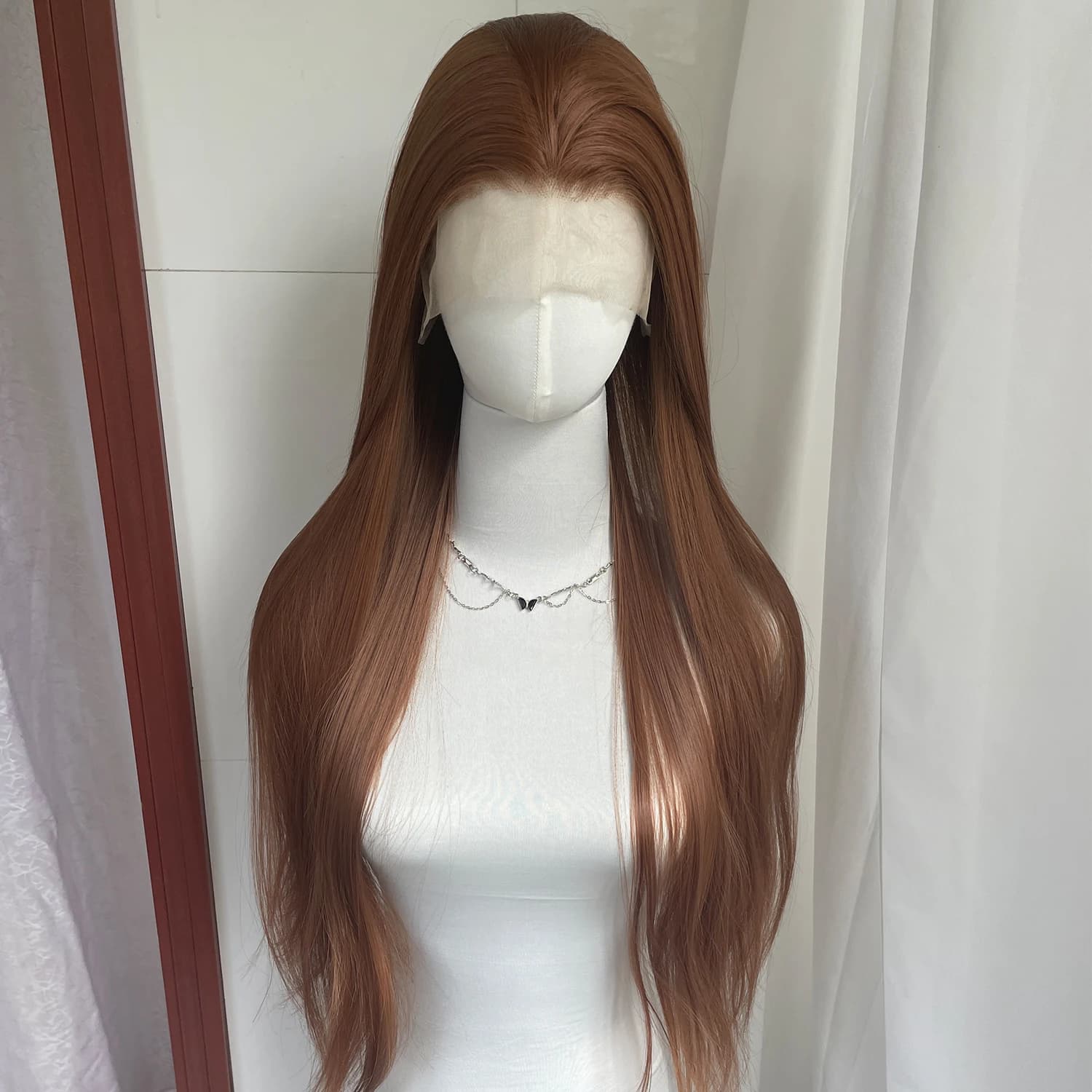 Perruque Lace Front Wig synthétique lisse et longue, brun miel, 13x4, 26 pouces, sans colle, nouée à