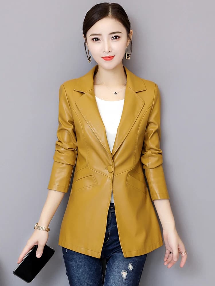 Nouveau Femmes Veste en cuir Automne Hiver Mode Classique Bouton unique Slim Blazer en cuir de mouto