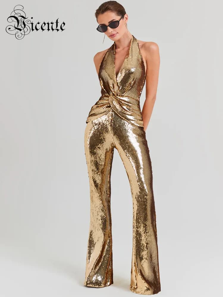 VC-Combinaisons dos nu à paillettes dorées pour femmes, vêtements féminins une pièce, design de luxe