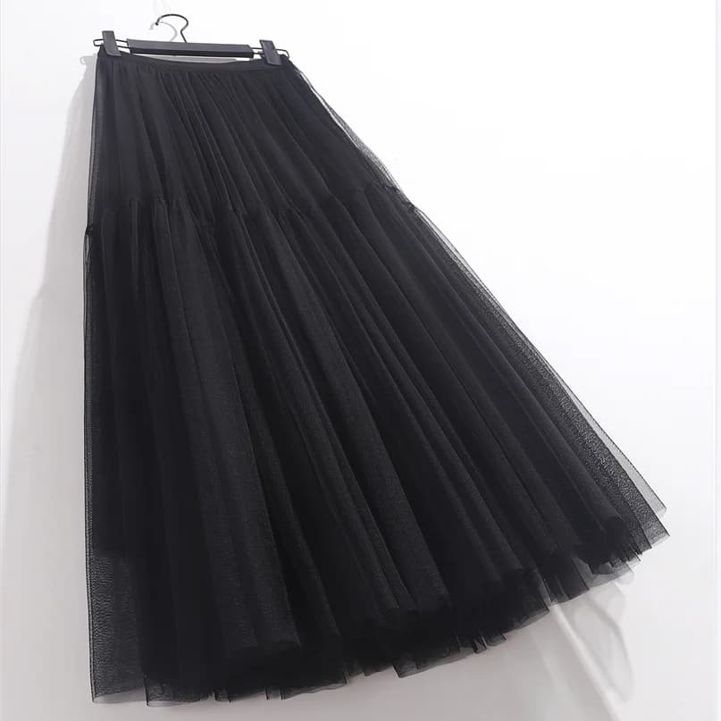 Jupes longues en tulle taille haute pour femmes, jupe tutu trapèze, vêtements en maille plissée pour