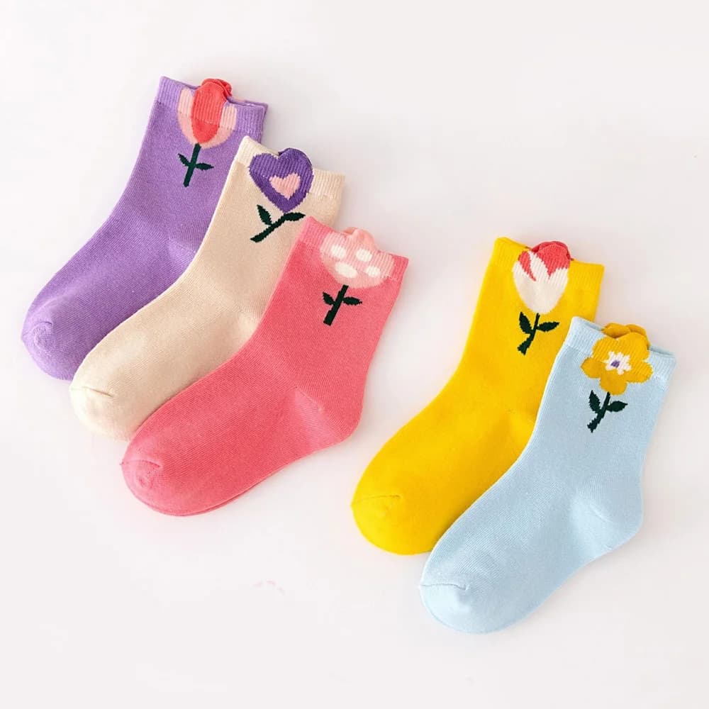 5 paires de chaussettes pour filles, motif de fleurs de dessin animé mignon, chaussettes confortable