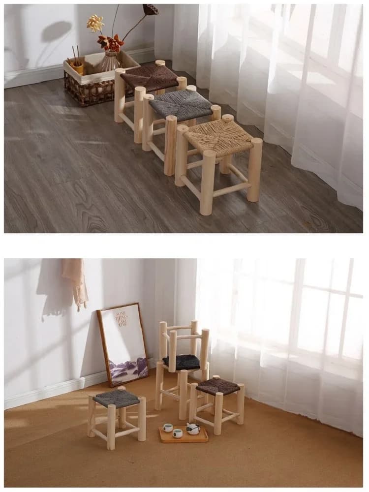 Tabouret à langer en bois tissé, tabouret en pin tissé à la main, en bois massif, antidérapant, pour
