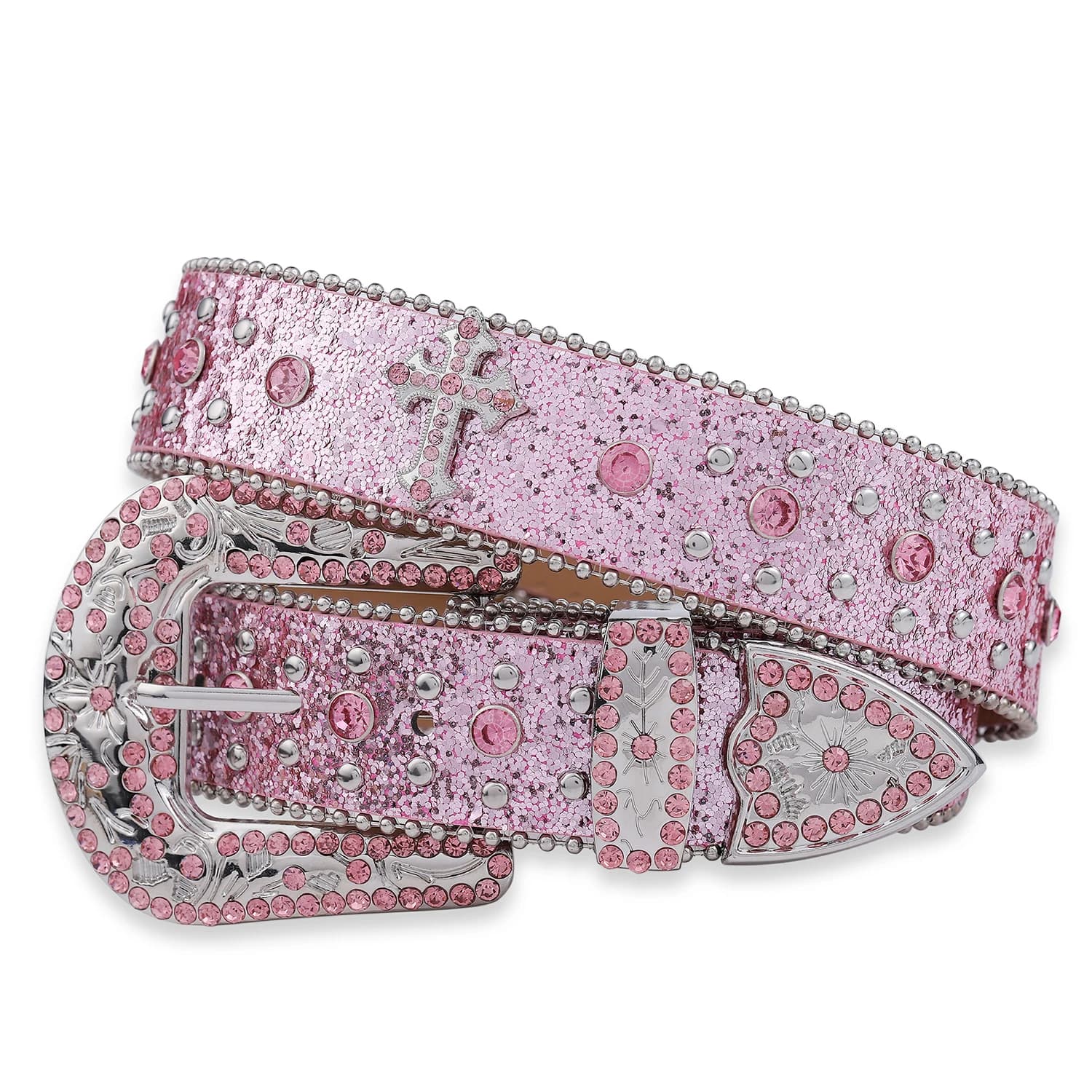 Ceinture en strass rose à rivets croisés scintillants, ceinture en cuir incrusté punk rock pour jean