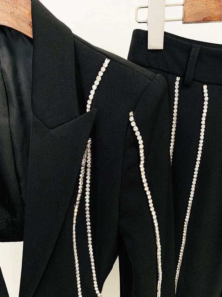 Ensemble blazer et pantalon évasé à revers perlé pour femme, bouton unique évidé, diamants, haute qu