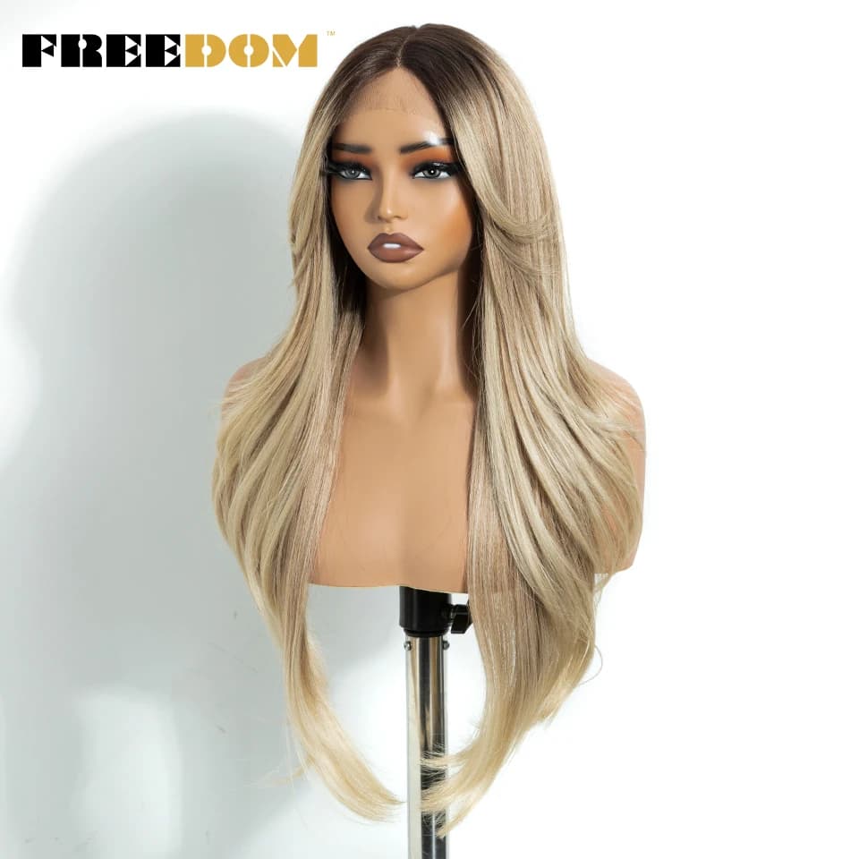 FREEDOM – perruque Lace Front Wig synthétique lisse avec frange, 26 pouces, perruque de Cosplay ombr