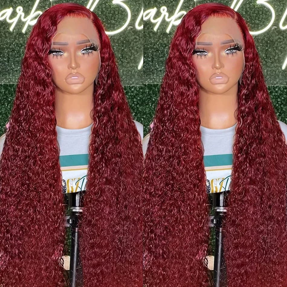 Perruque Lace Frontal Wig naturelle bouclée, cheveux humains, Deep Wave 99J, bordeaux, 13x4, HD, vin