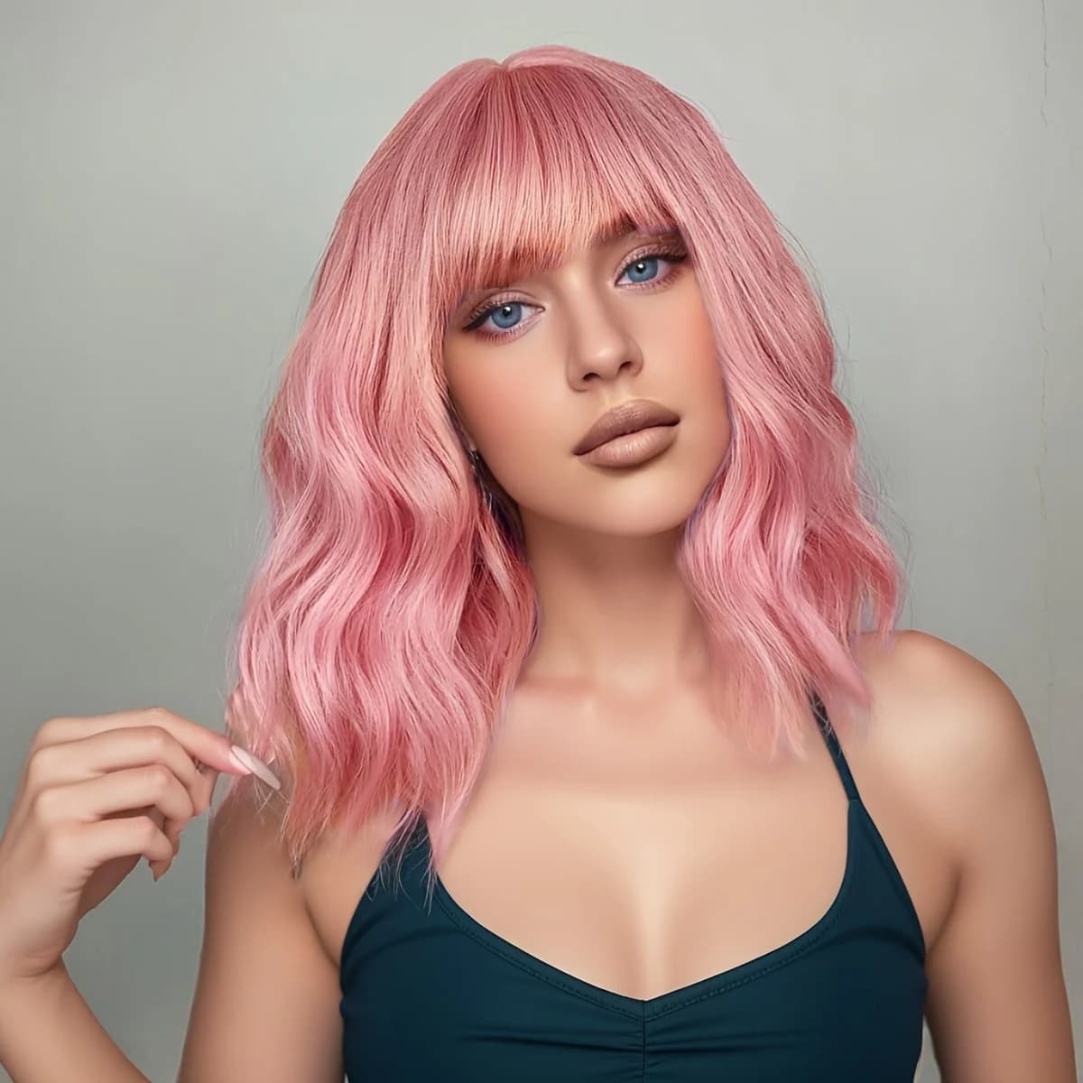 Perruques synthétiques courtes au cuir chevelu humide et ondulé, rose, 12 pouces, densité 180% (12 p
