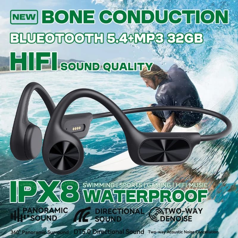 IPX8 étanche Conduction osseuse casque sans fil Bluetooth 5.4 + 32GB RAM lecteur MP3 HIFI musique sp