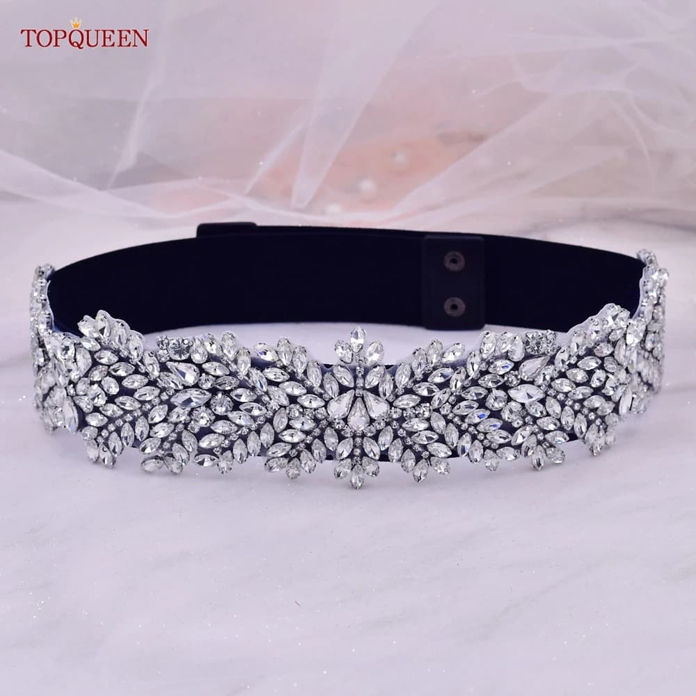 TOPQUEEN S420-B femmes noir mode élastique larges ceintures argent strass à la main perlé ceinture r