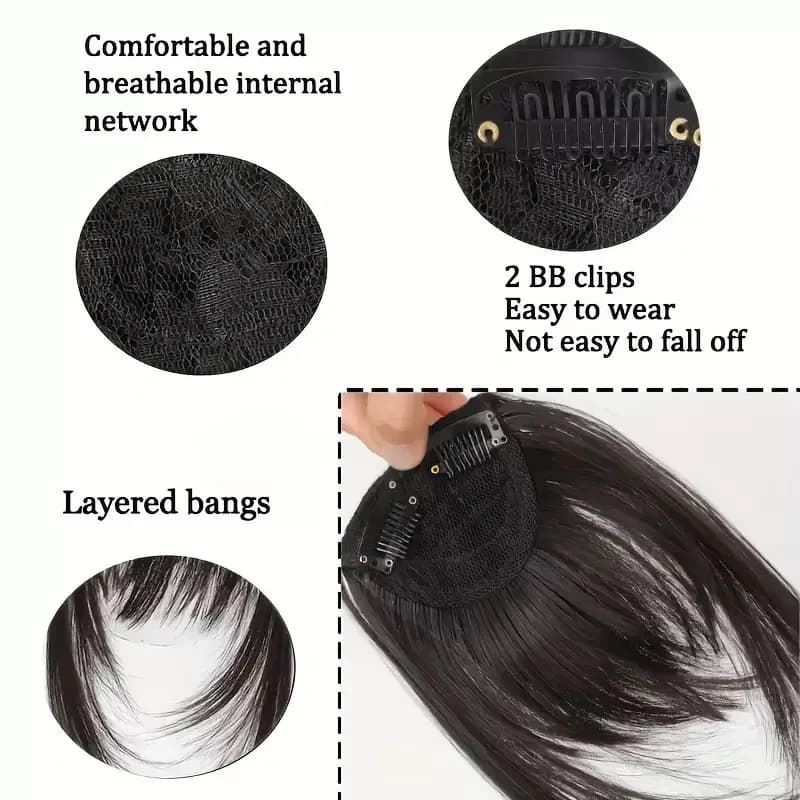 Frange synthétique à clipser, coupe effilée avec pattes de cheveux, brun foncé, aspect naturel pour 