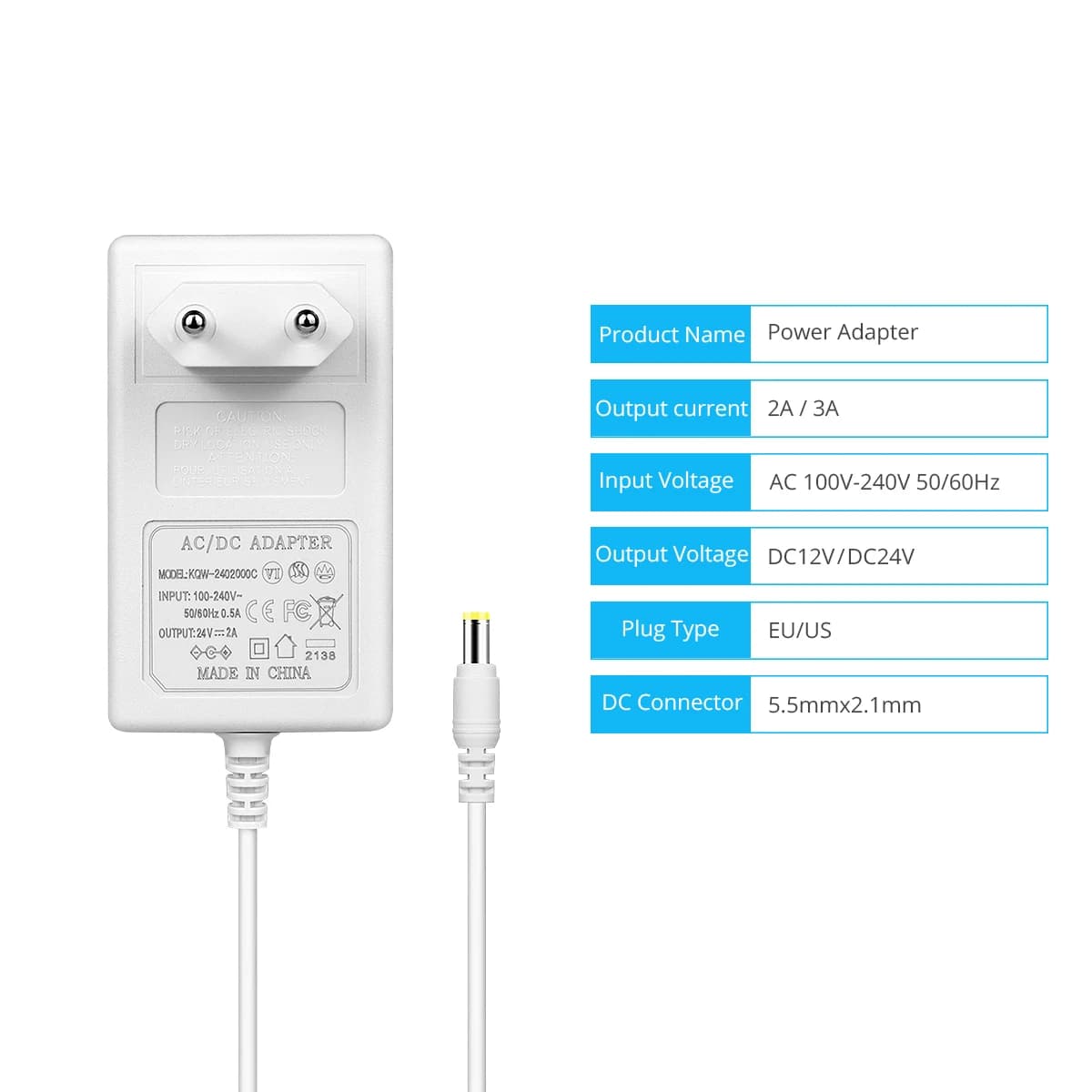 Adaptateur d'Alimentation pour Bande Lumineuse LED, AC 110V, 220V à DC 12V, 24V, 5.5mm x 2.1mm